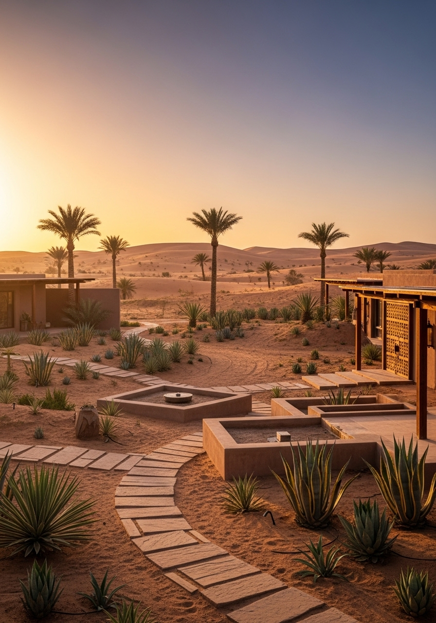 Aménagement paysager durable dans les zones arides avec palmiers, agaves et architecture marocaine contemporaine.